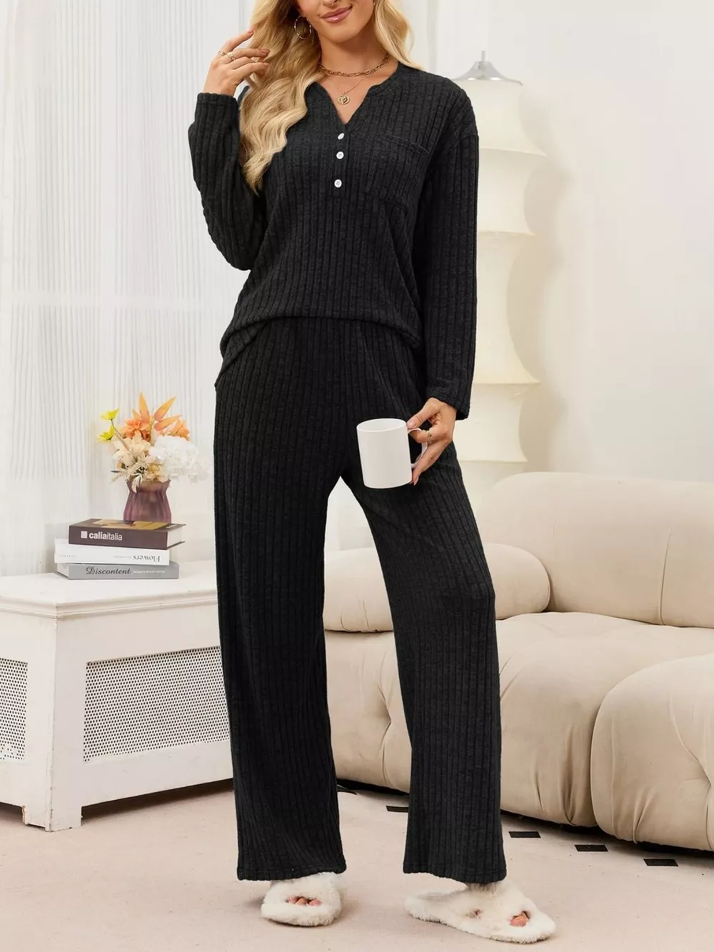 Ribbed Knit Top and Wide-Leg Pants Set, image 10