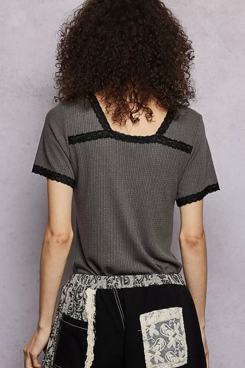 Lace Detail V-Neck Short Sleeve Textured T-Shirt, image 6