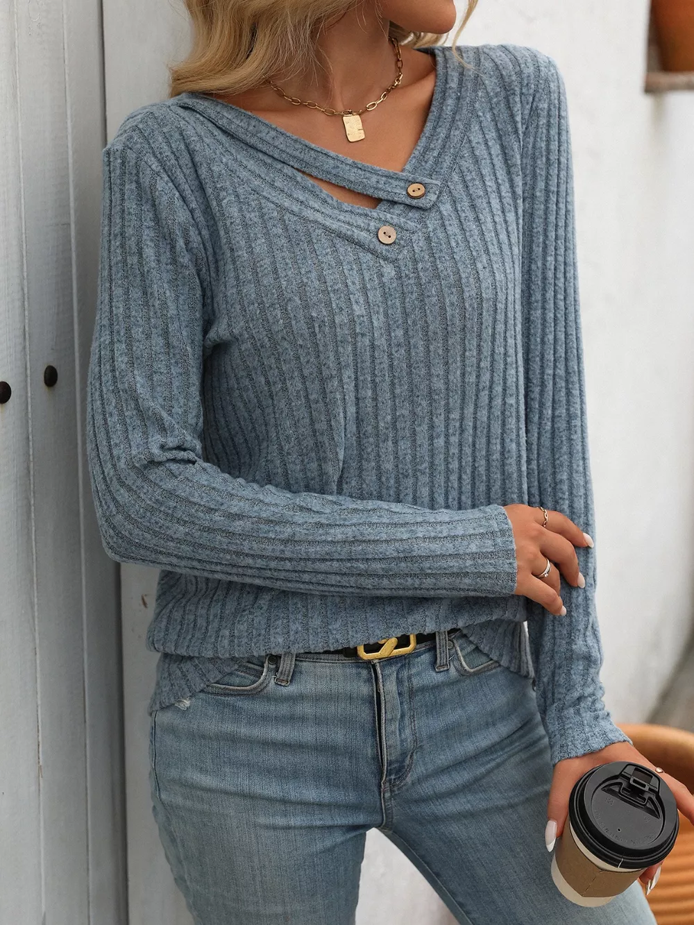 Ribbed Knit Long Sleeve Button Detail T-Shirt, image 15