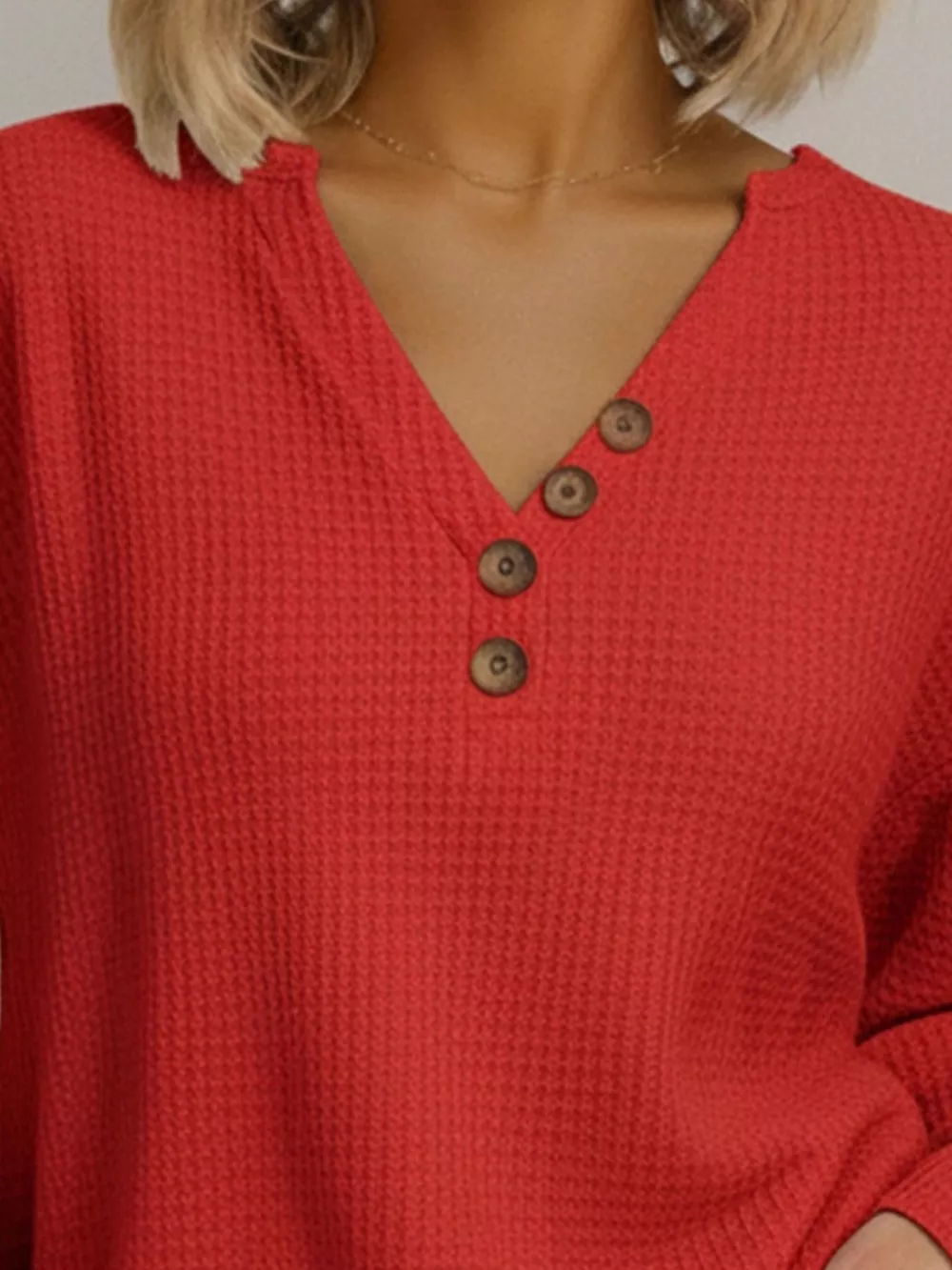 Full Size Casual Waffle Knit V-Neck Long Sleeve T-Shirt Plus Size, image 5