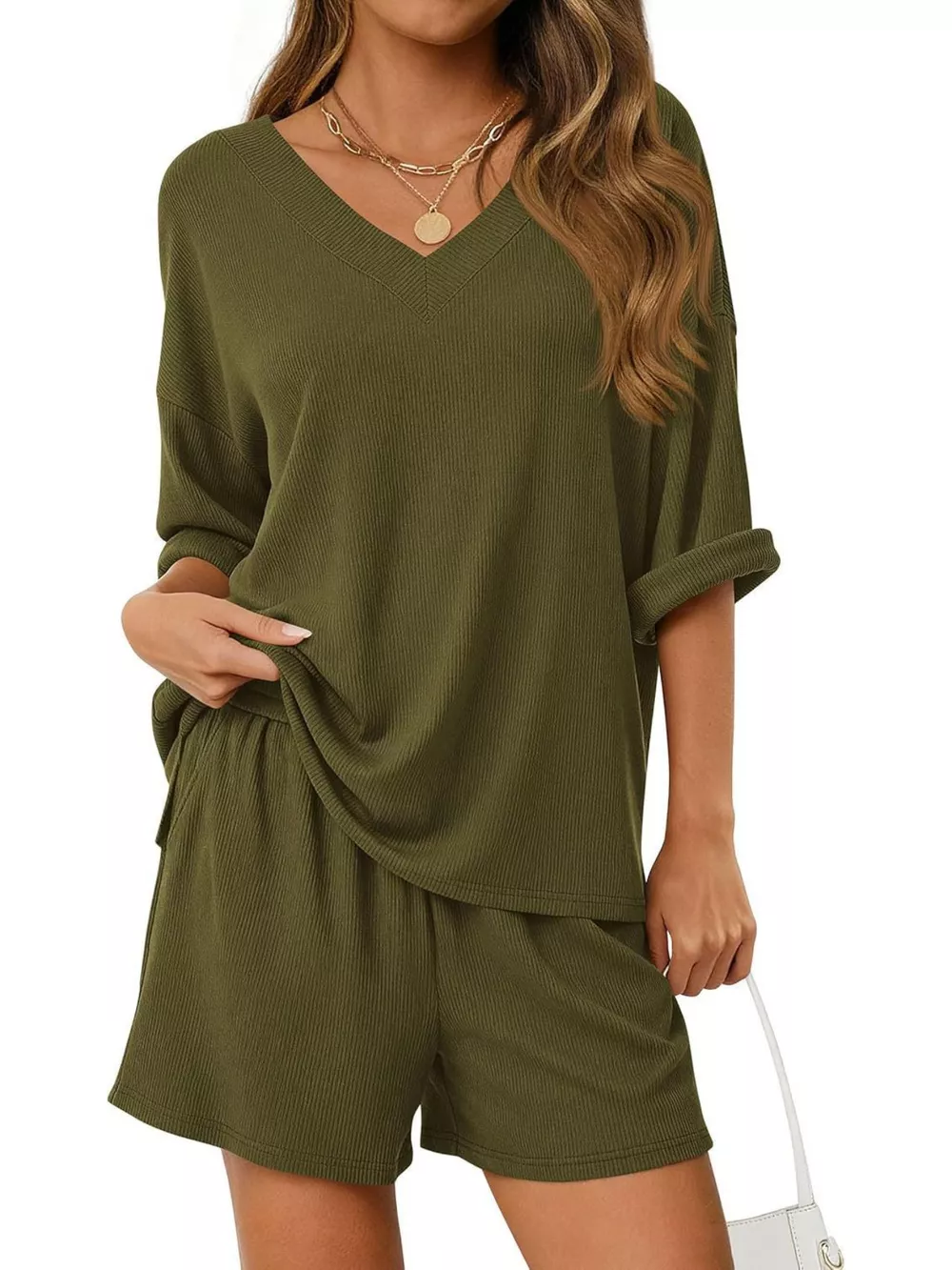 Casual Solid Color V-Neck Top & Shorts Set, image 13