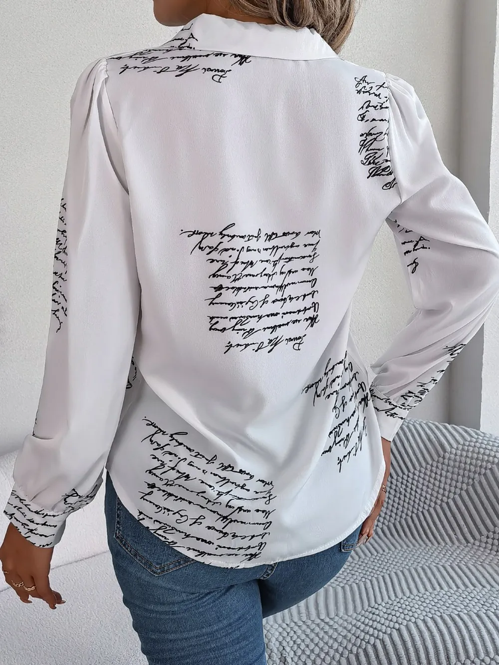 Letter Printed Button Up Long Sleeve Blouse, image 8
