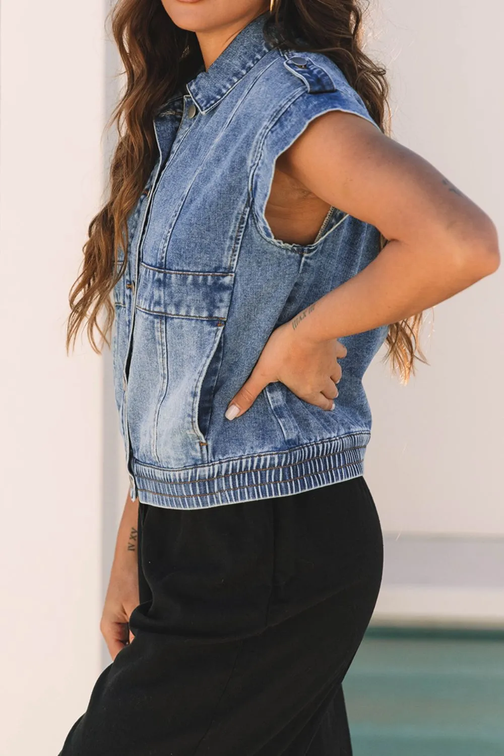 Button Up Cap Sleeve Denim Jacket, image 9