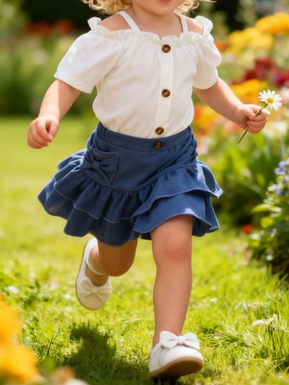 Children's Off-Shoulder Top and Ruffled Denim Skirt Set