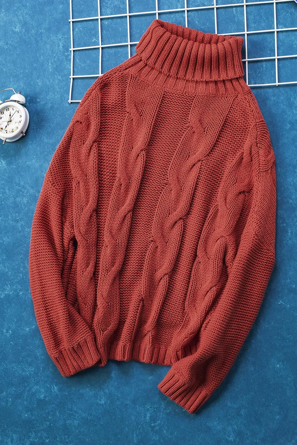 Cable-Knit Turtleneck Dropped Shoulder Sweater, image 4