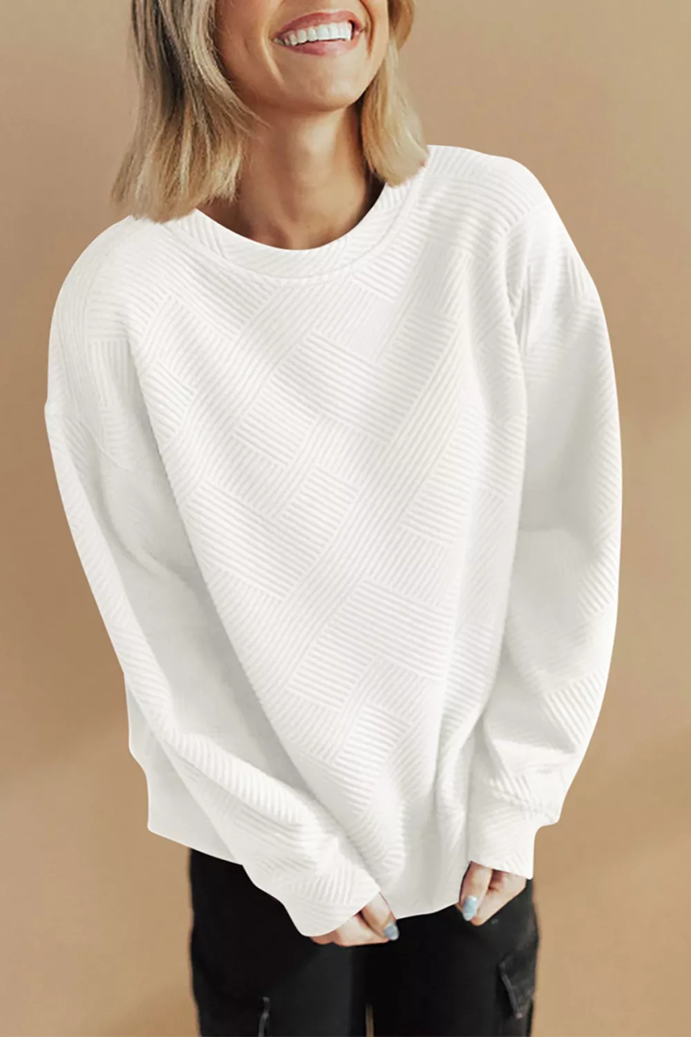 Solid Color Textured Round Neck Drop Shoulder Pullover Sweatshirt, image 5