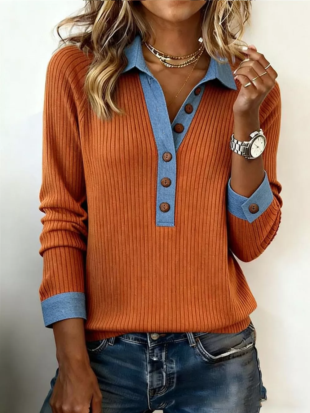 Full Size Half Button Ribbed Long Sleeve Knit Top Plus Size, image 9