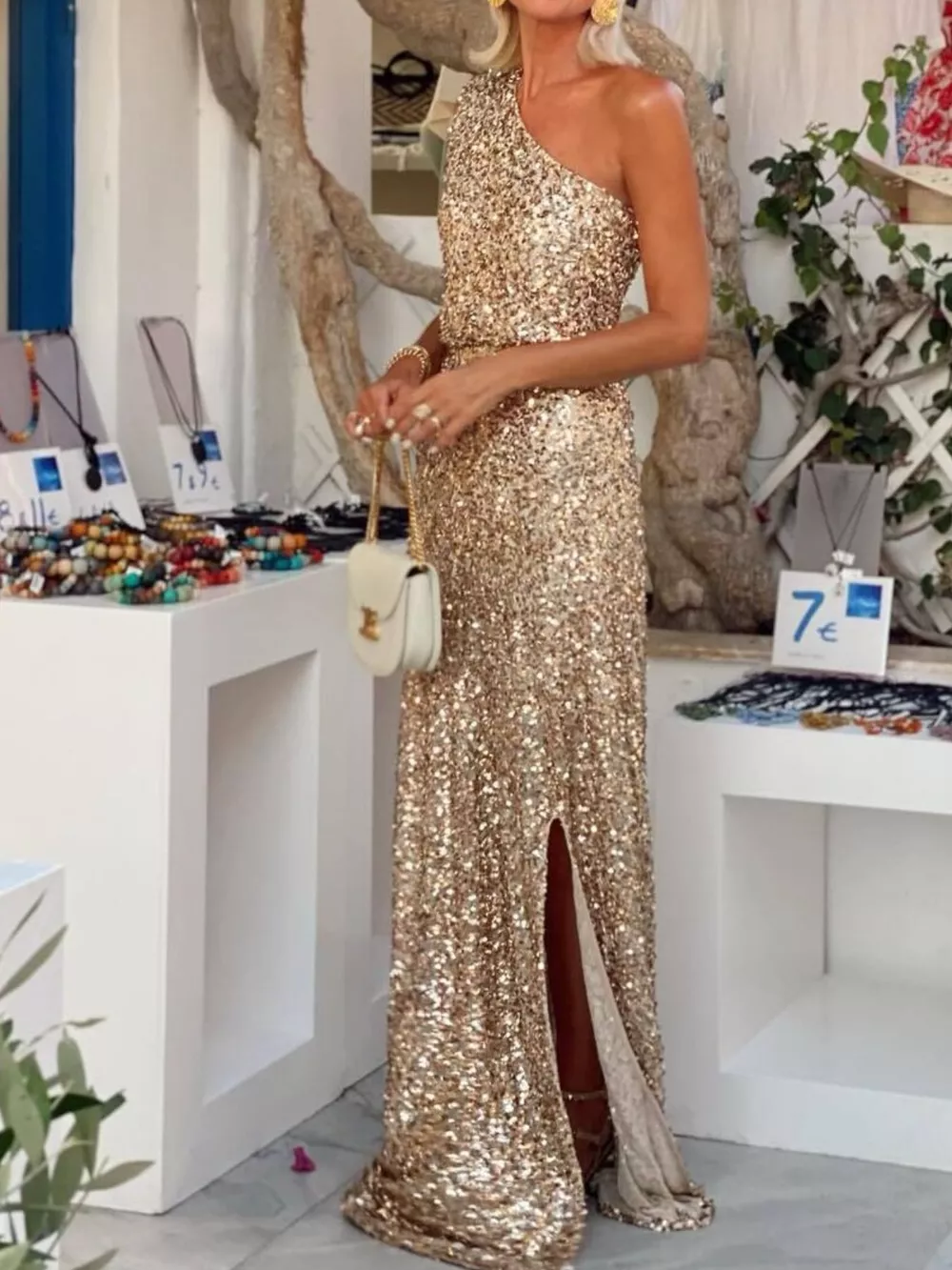 Sequin One-Shoulder Slit Maxi Dress, image 4