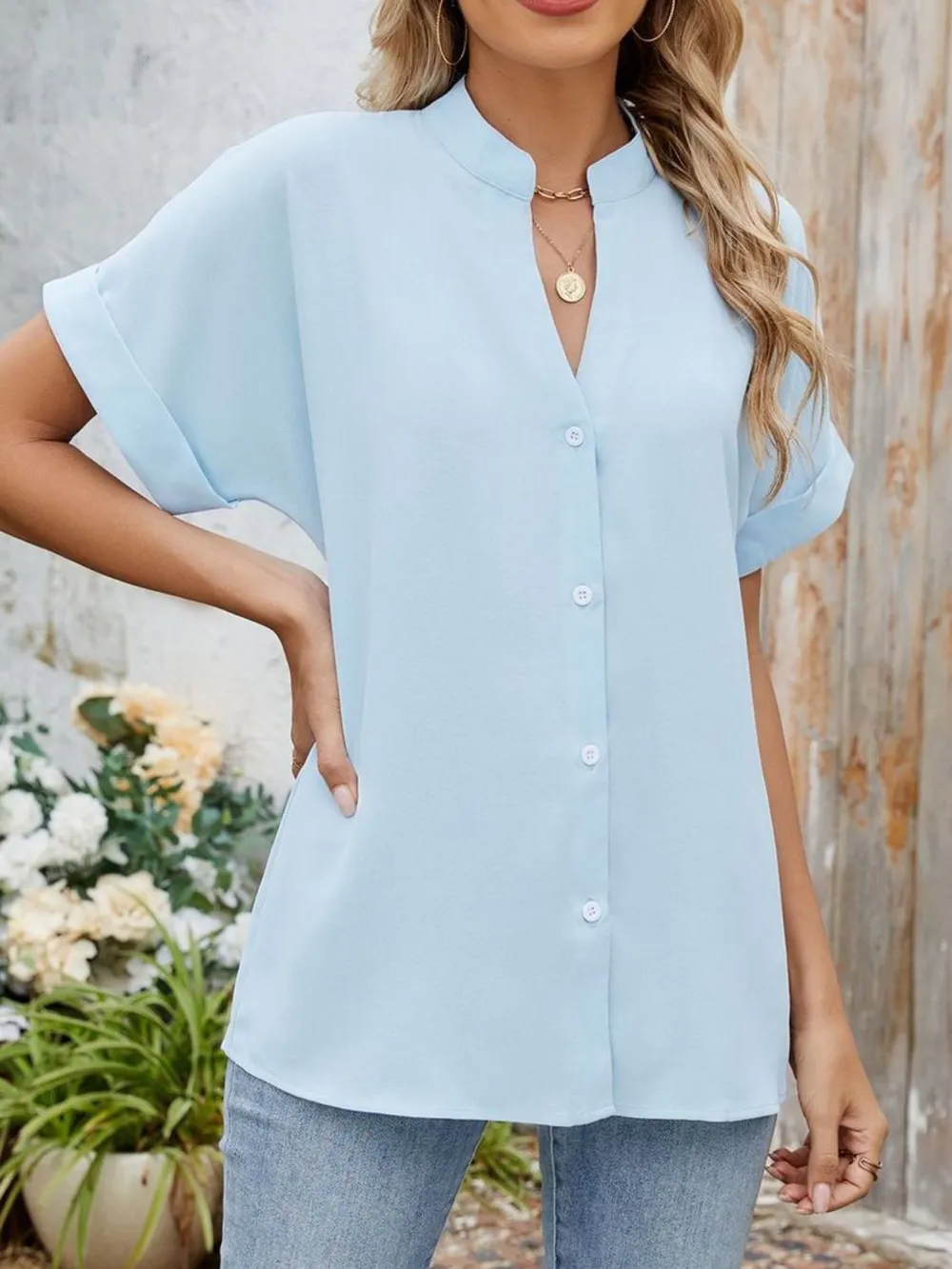 Notched Short Sleeve Blouse, image 23