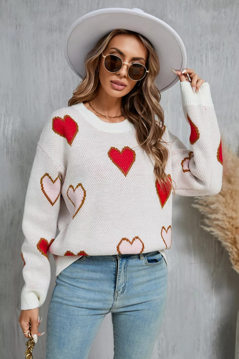 Contrast Heart Round Neck Long Sleeve Sweater, image 8