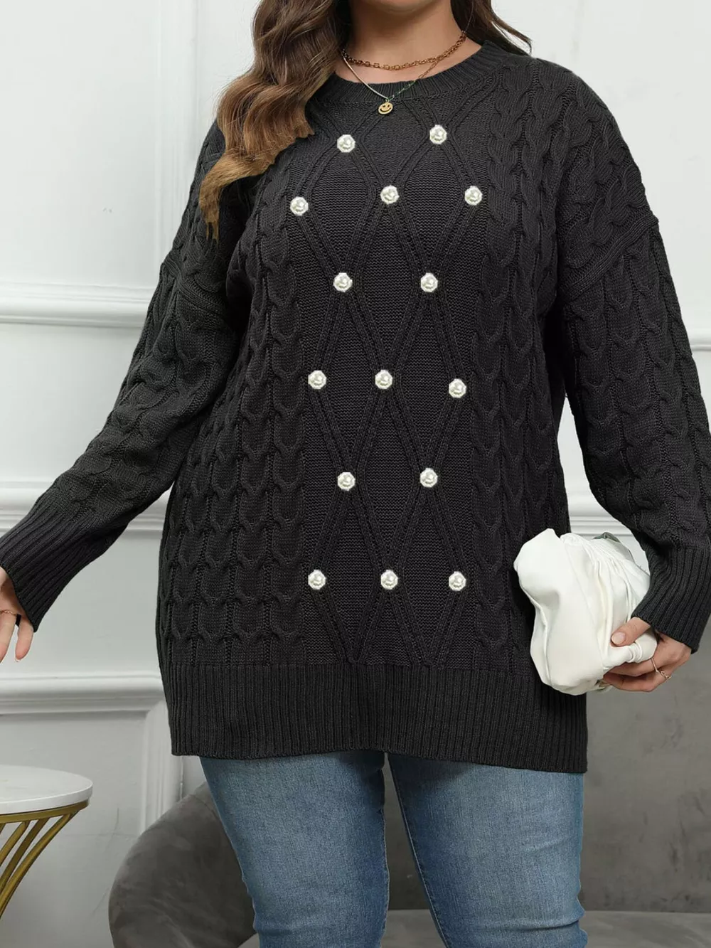 Plus Size Cable Knit Dropped Shoulder Sweater, image 8