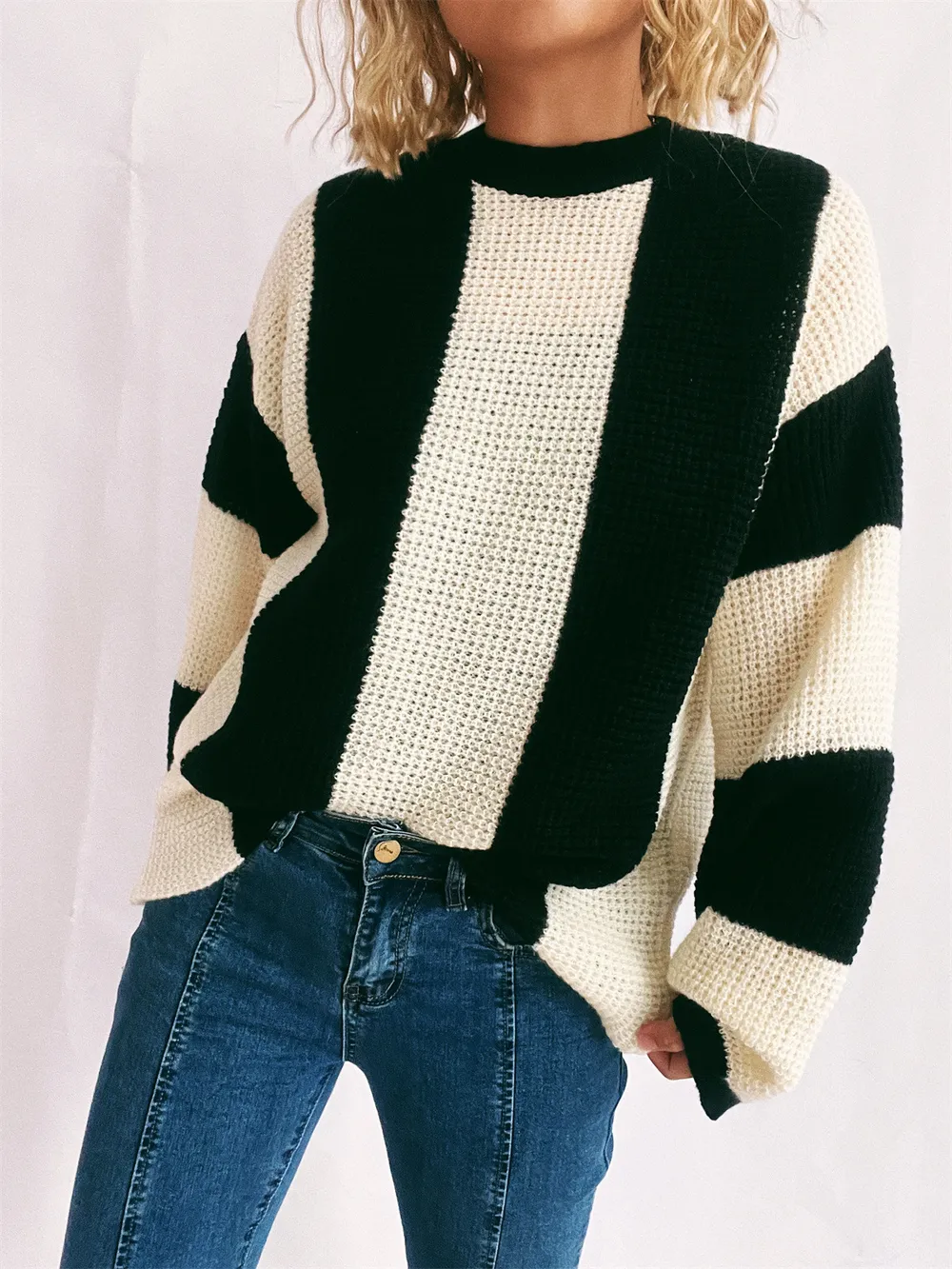 Color Block Round Neck Long Sleeve Sweater, image 5