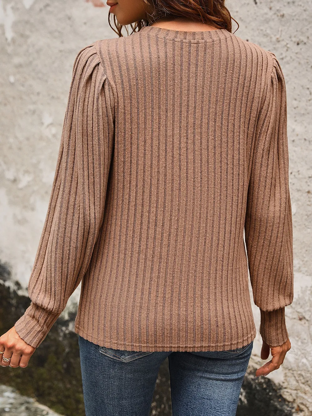 Ribbed Round Neck Long Sleeve T-Shirt, image 2
