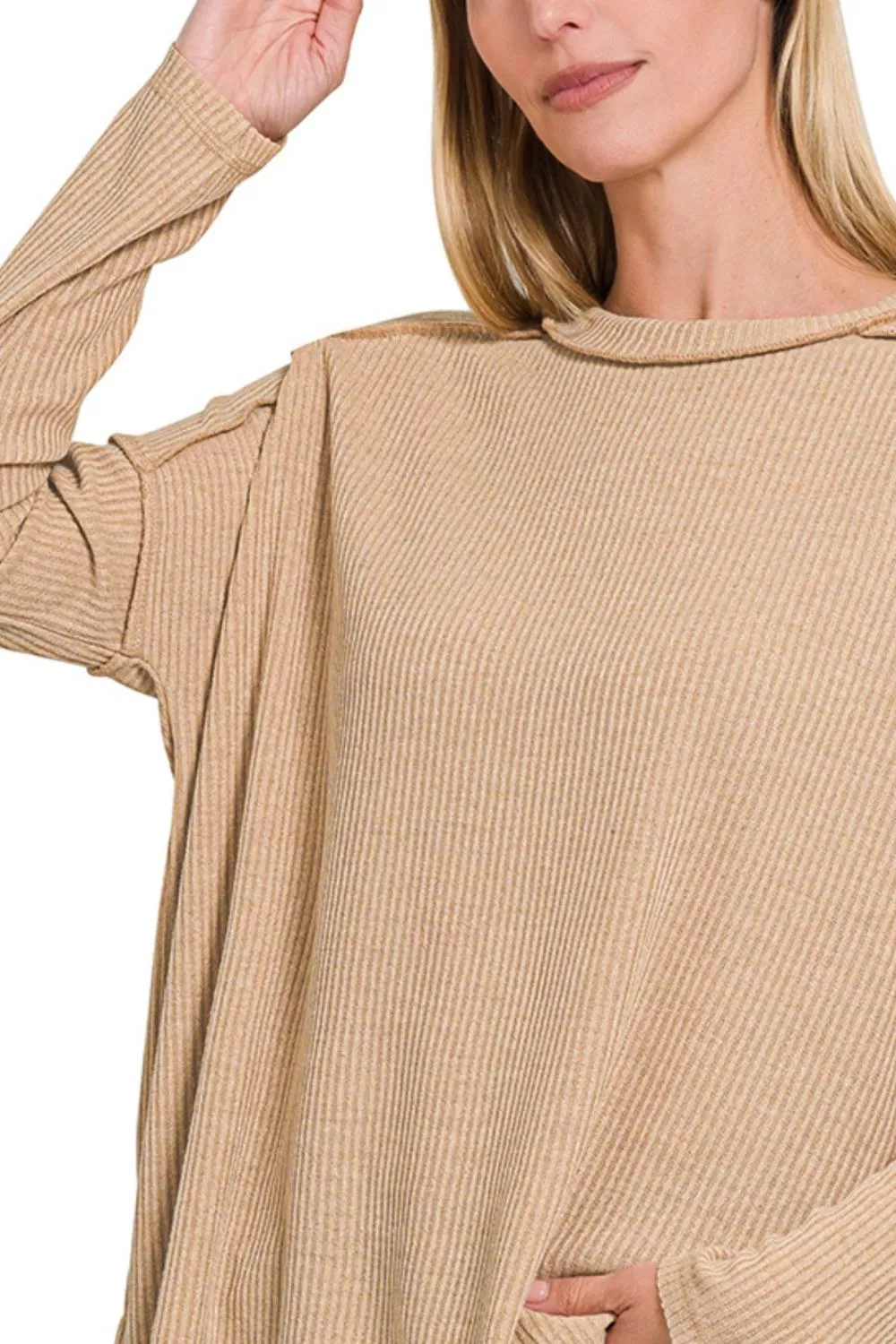 Ribbed Drop Shoulder Round Neck Sweater, image 3