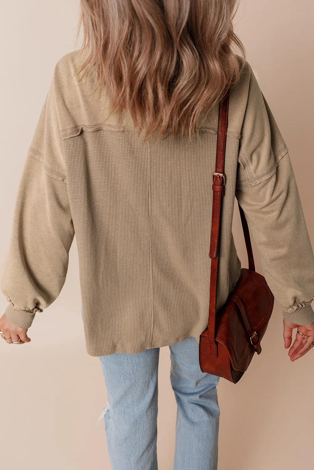 Waffle-Knit Collared Neck Long Sleeve Shacket, image 7