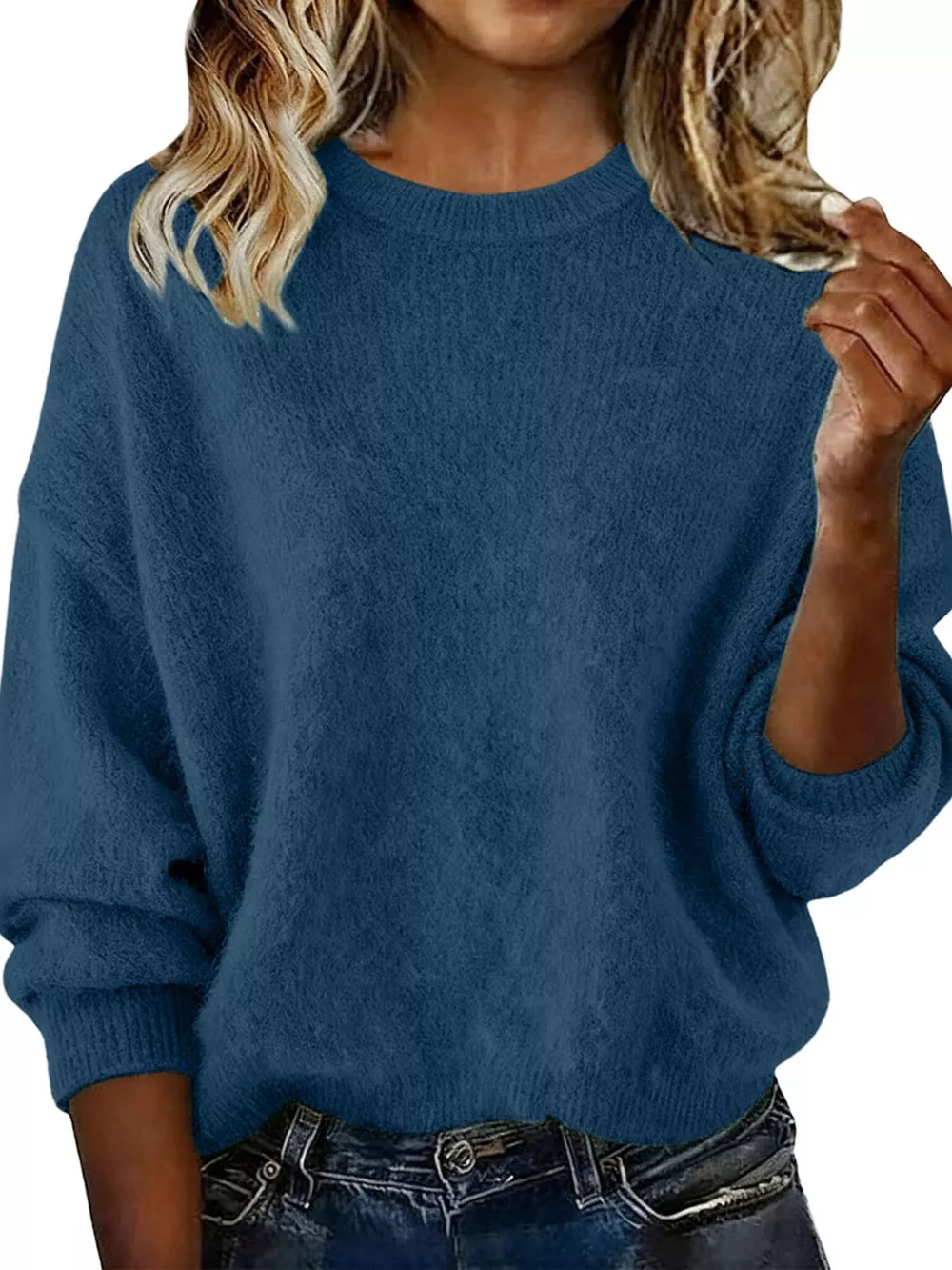 Full Size Round Neck Dropped Shoulder Sweater Plus Size, image 21