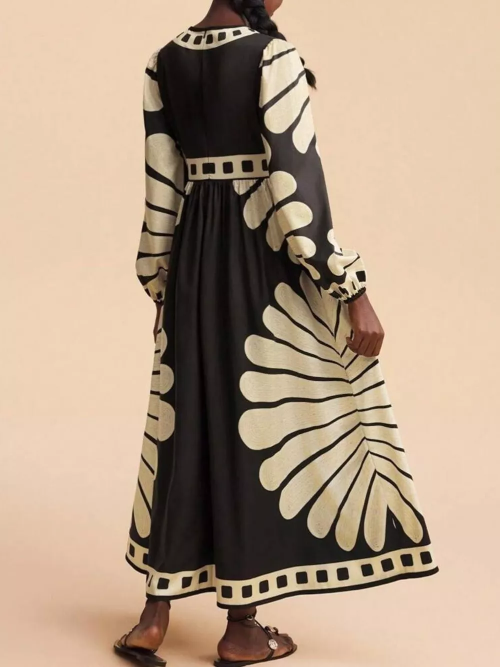 Printed Deep V-Neck Long Sleeve Dress, image 5
