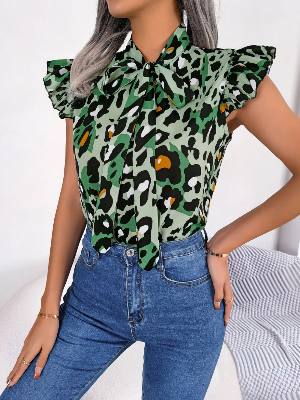 Leopard Tie Neck Cap Sleeve Blouse, image 15