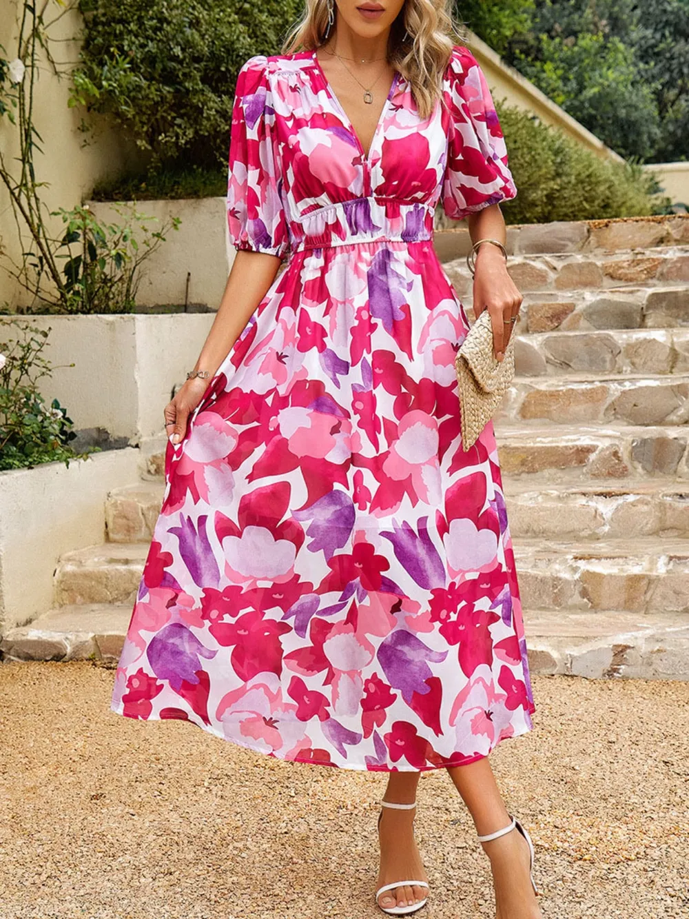 Printed Puff Sleeve Midi Dress