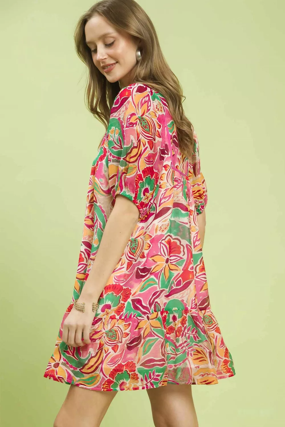 Abstract Print V-Neck Baby Doll Dress, image 2