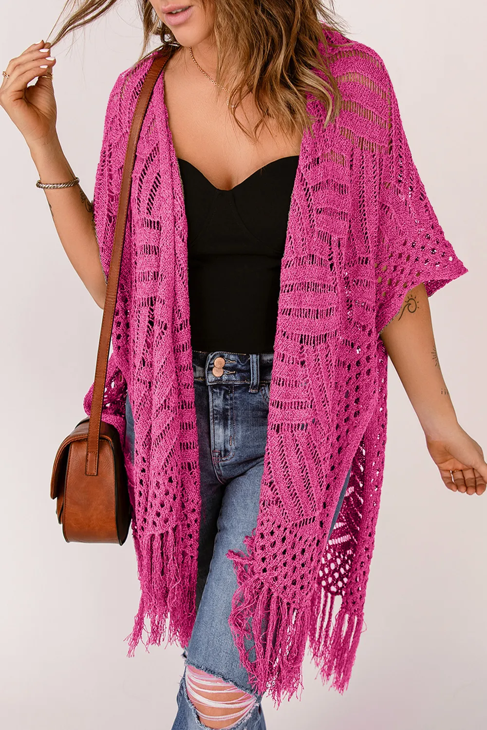 Openwork Open Front Cardigan with Fringes, image 19