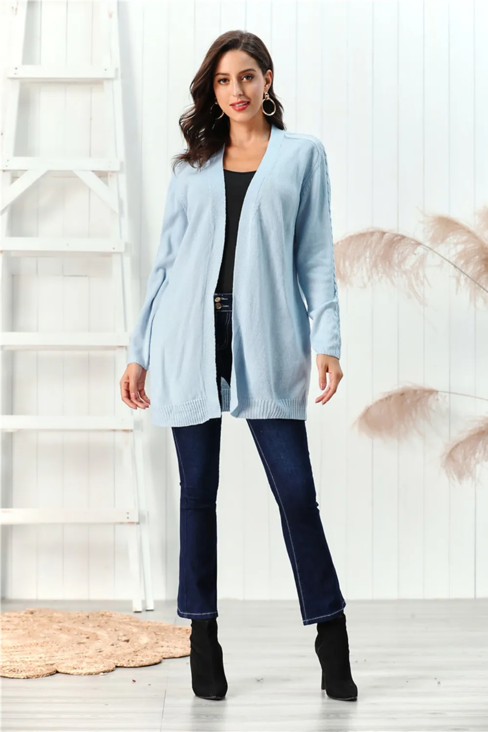 Cable-Knit Open Front Long Sleeve Cardigan, image 17