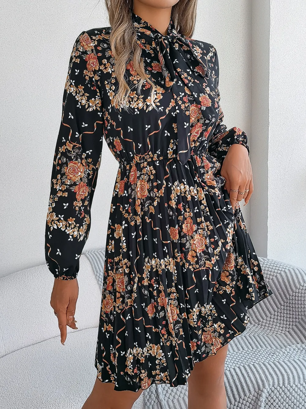 Pleated Printed Tie Neck Long Sleeve Dress, image 19