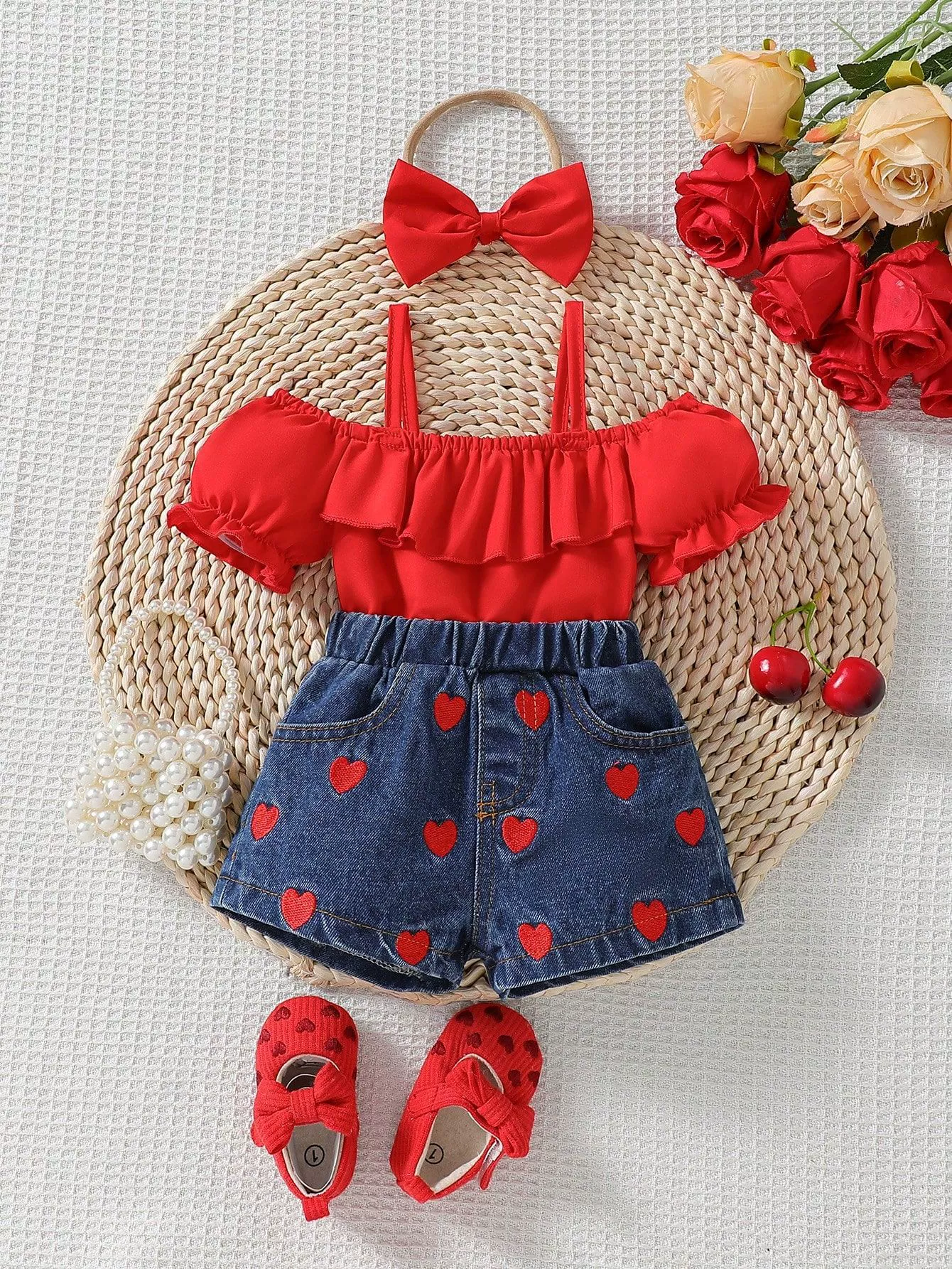 Children's Ruffled Top & Heart Embroidered Denim Shorts Set, image 3