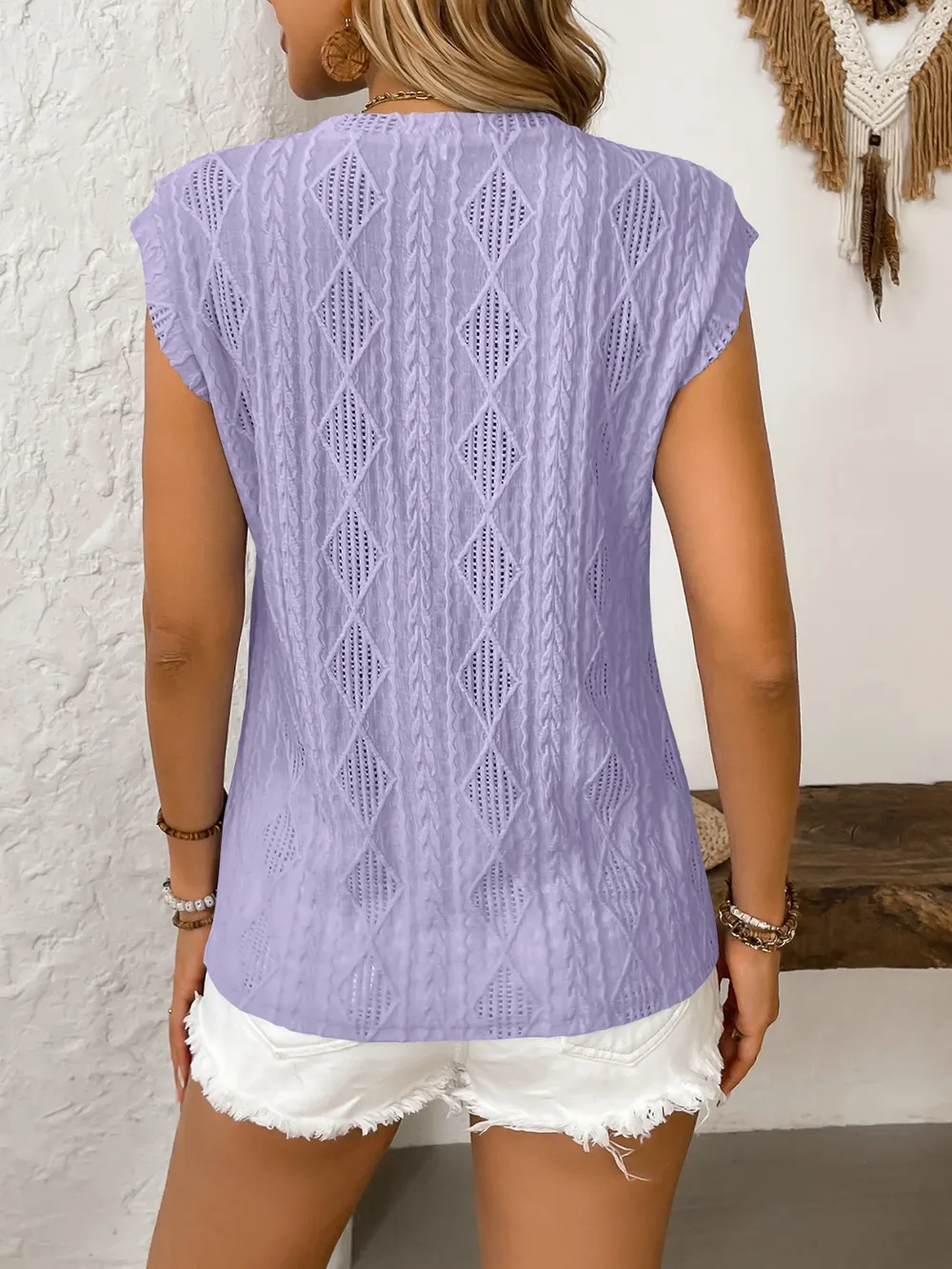 Eyelet Round Neck Cap Sleeve Top, image 14