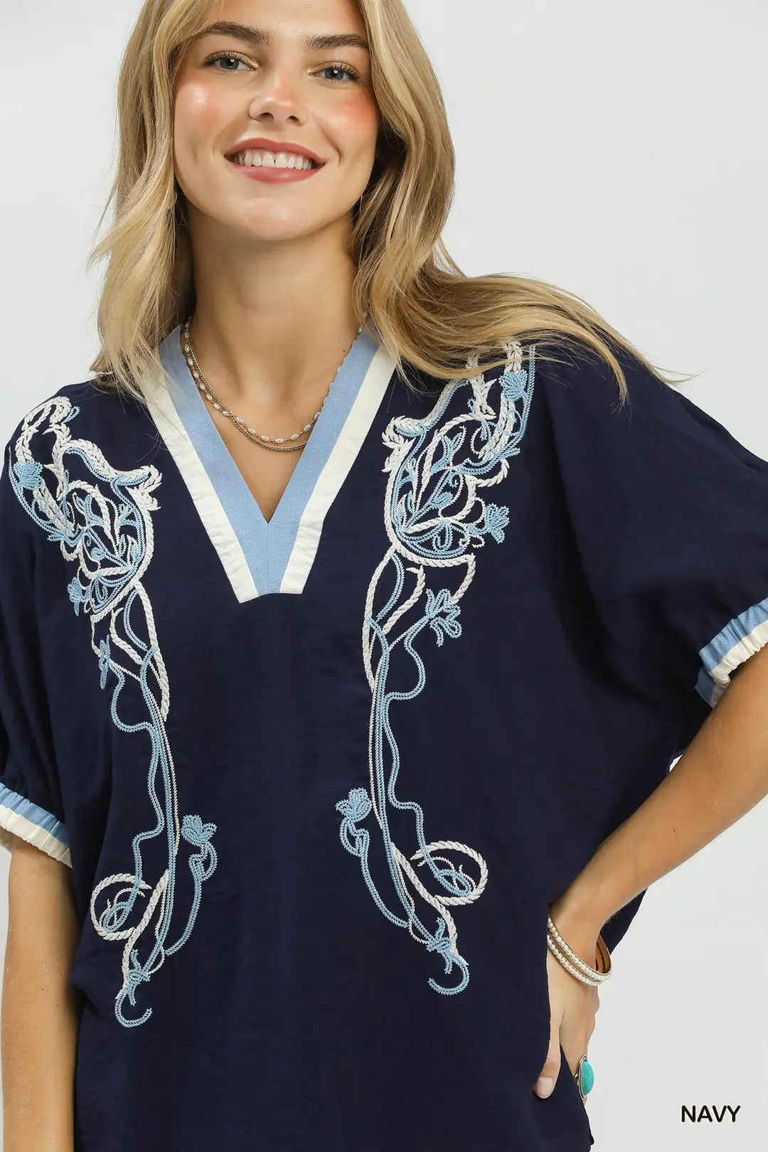 Embroidered Floral V-Neck Short Sleeve Blouse with Contrast Trim, image 2