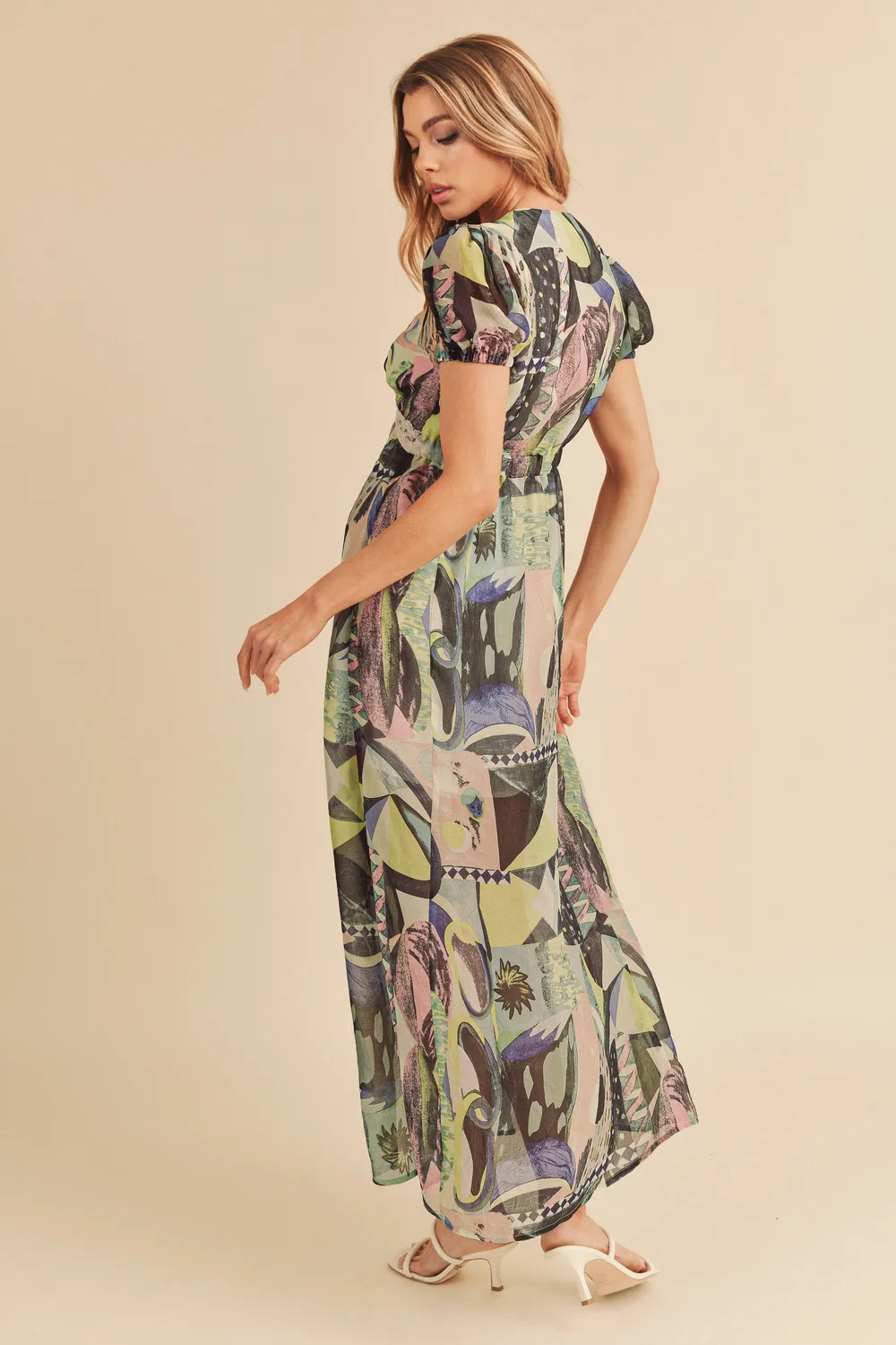 Lace Detail Slit Geometric Print Short Sleeve Maxi Dress, image 6