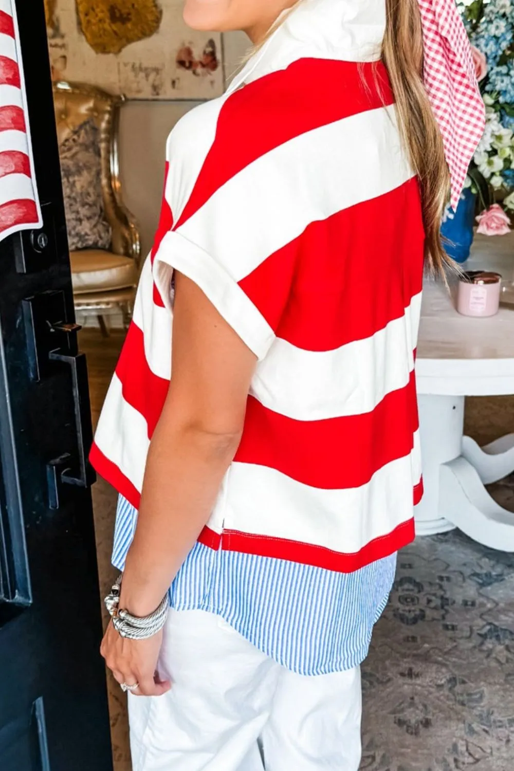 Stripe Collar V Neck Cuffed Dolman Short Sleeve Top, image 9