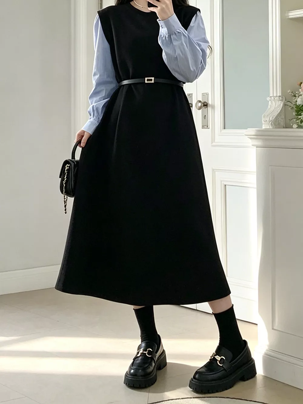 Contrast Sleeve A-Line Dress with Belt, image 4
