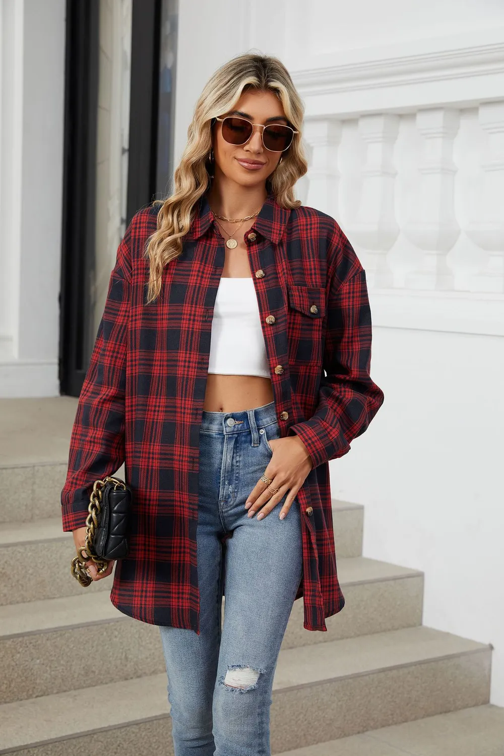 Plaid Collared Neck Long Sleeve Shirt, image 26
