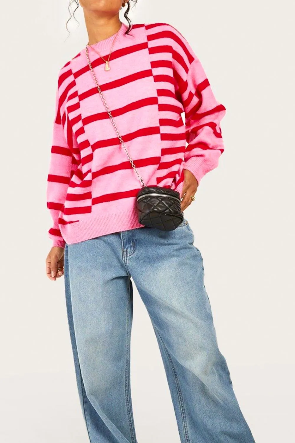 Striped Round Neck Dropped Shoulder Sweater, image 9