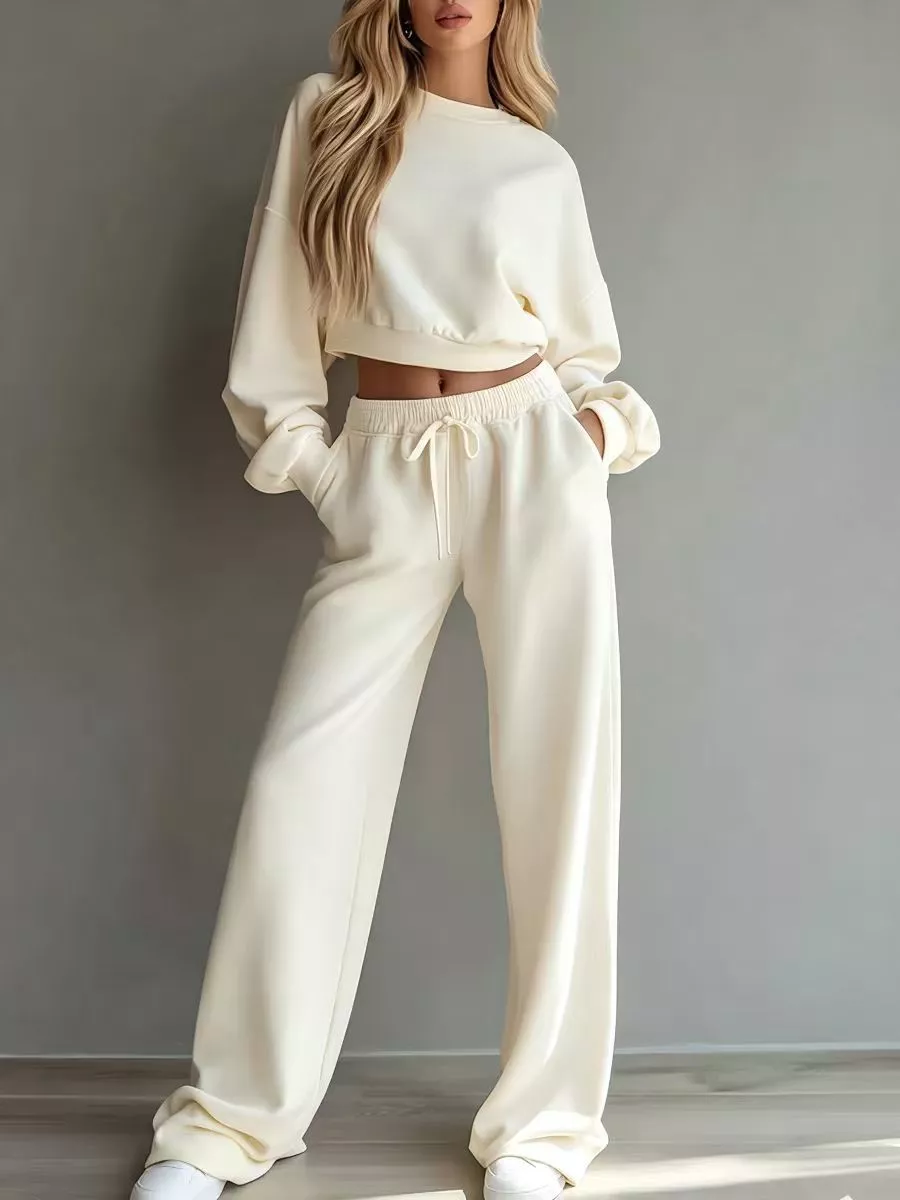 Round Neck Cropped Sweatshirt and Wide-Leg Pants, image 4