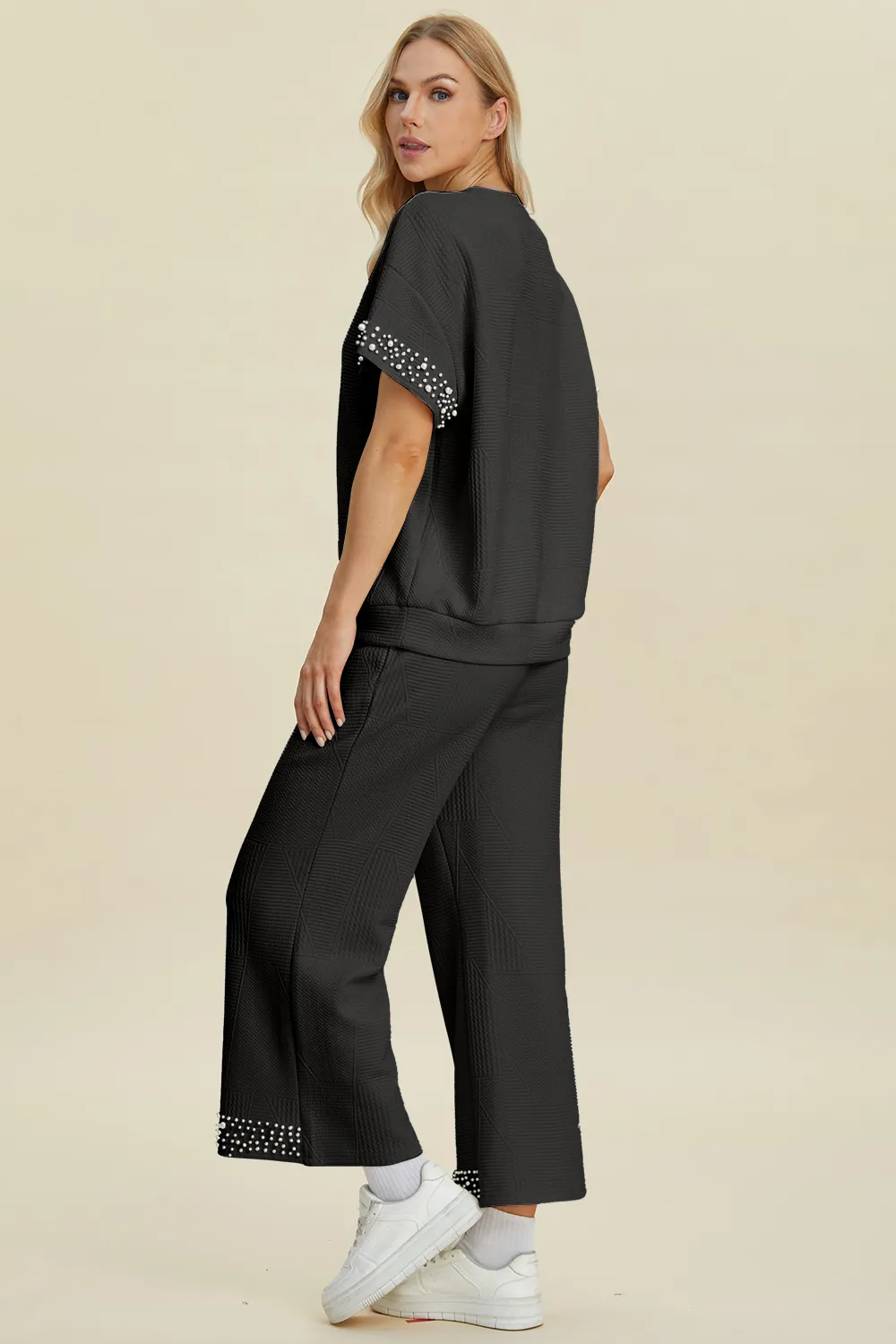 Full Size Pearl Detail Round Neck Top and Pants Set, image 11