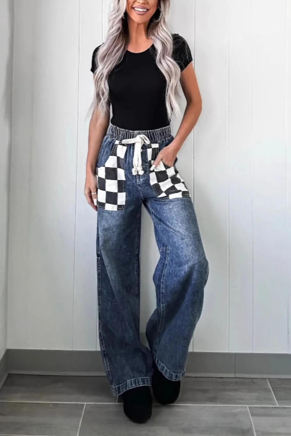 Checkered Wide Leg Jeans, image 3