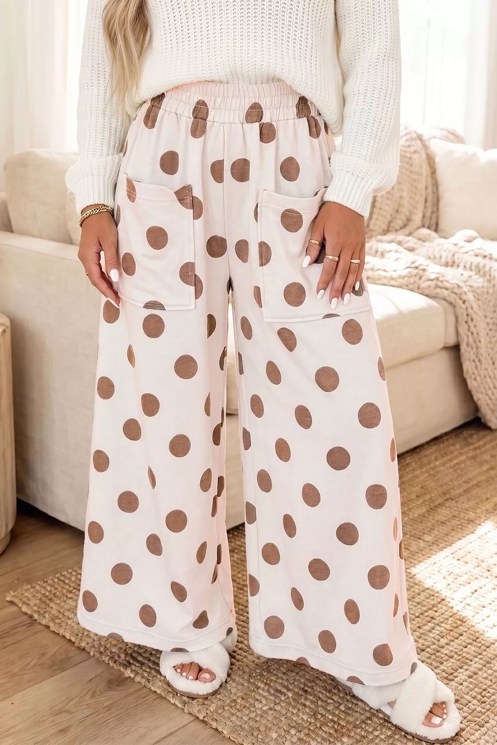 Polka Dot Wide Leg Elastic Waist Casual Pants, image 5