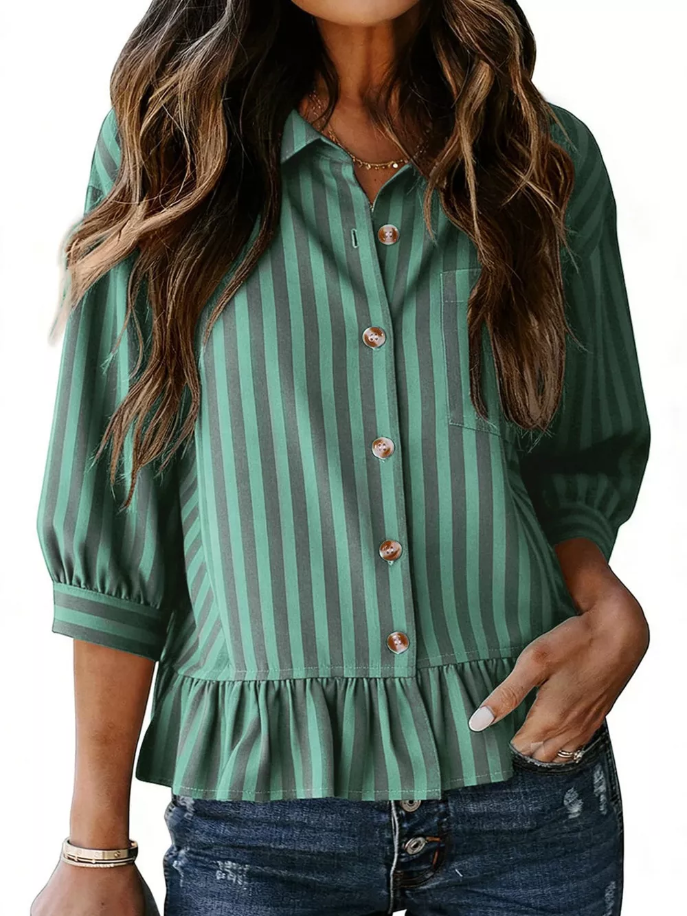 Striped Ruffle Hem Button-Down Shirt, image 6