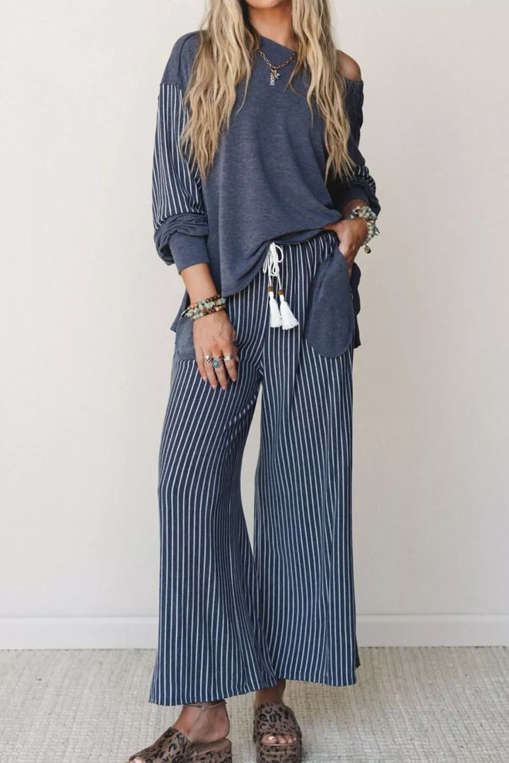 Raw Seam Patchwork Long Sleeve Top Pocket Casual Pants 2pcs Set, image 2