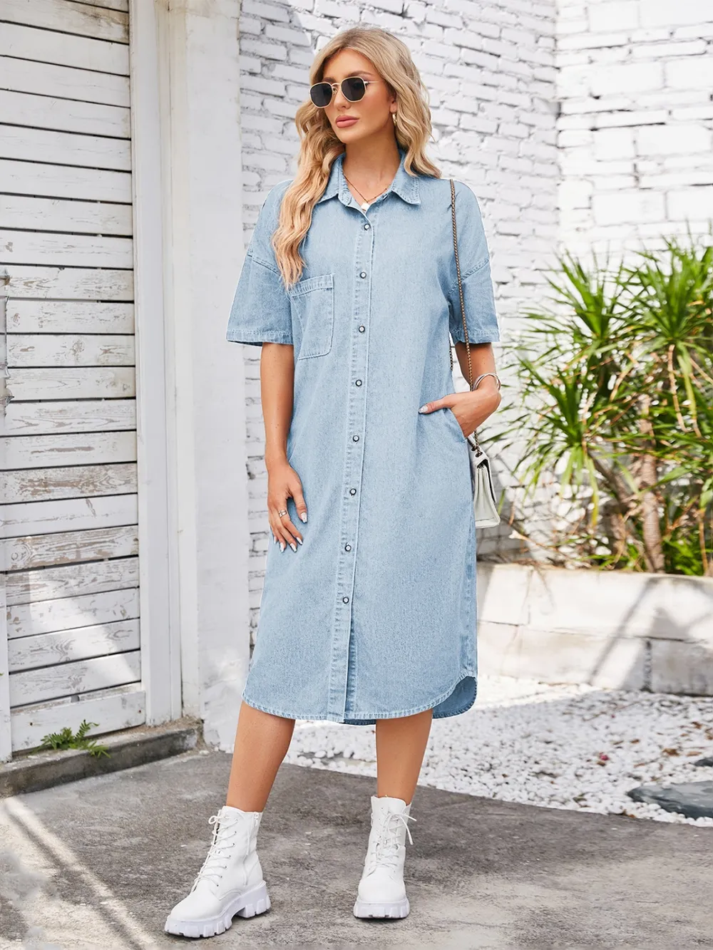 Button Up Dropped Shoulder Denim Dress, image 6