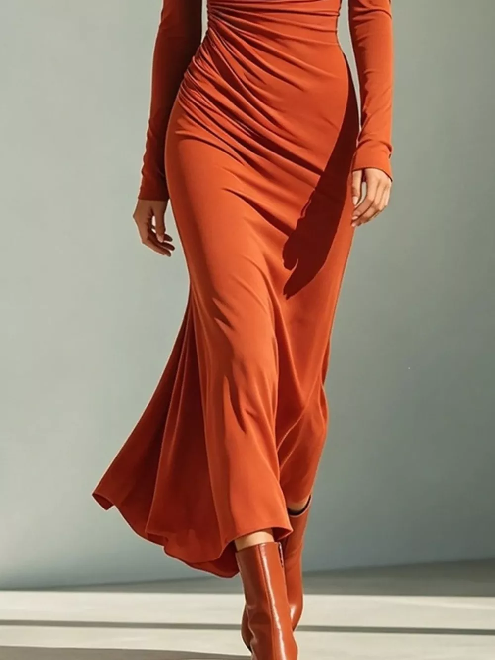Asymmetrical Neck Ruched Long-Sleeve Dress, image 4