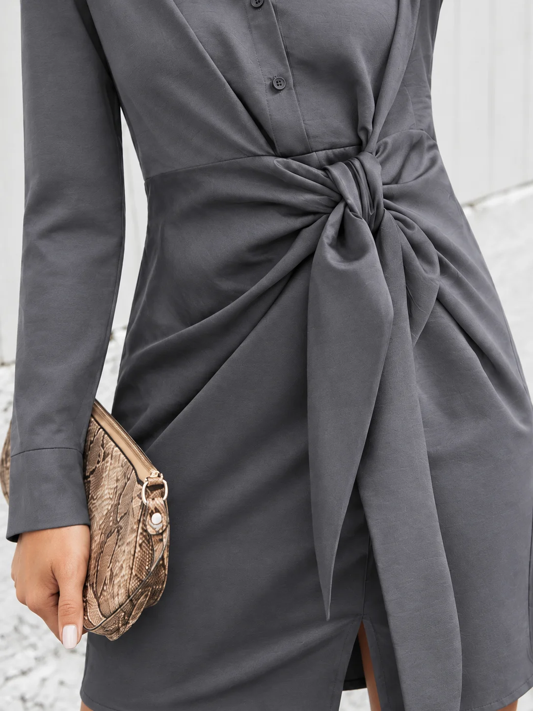 Front-Tie Long Sleeve Shirt Dress, image 6