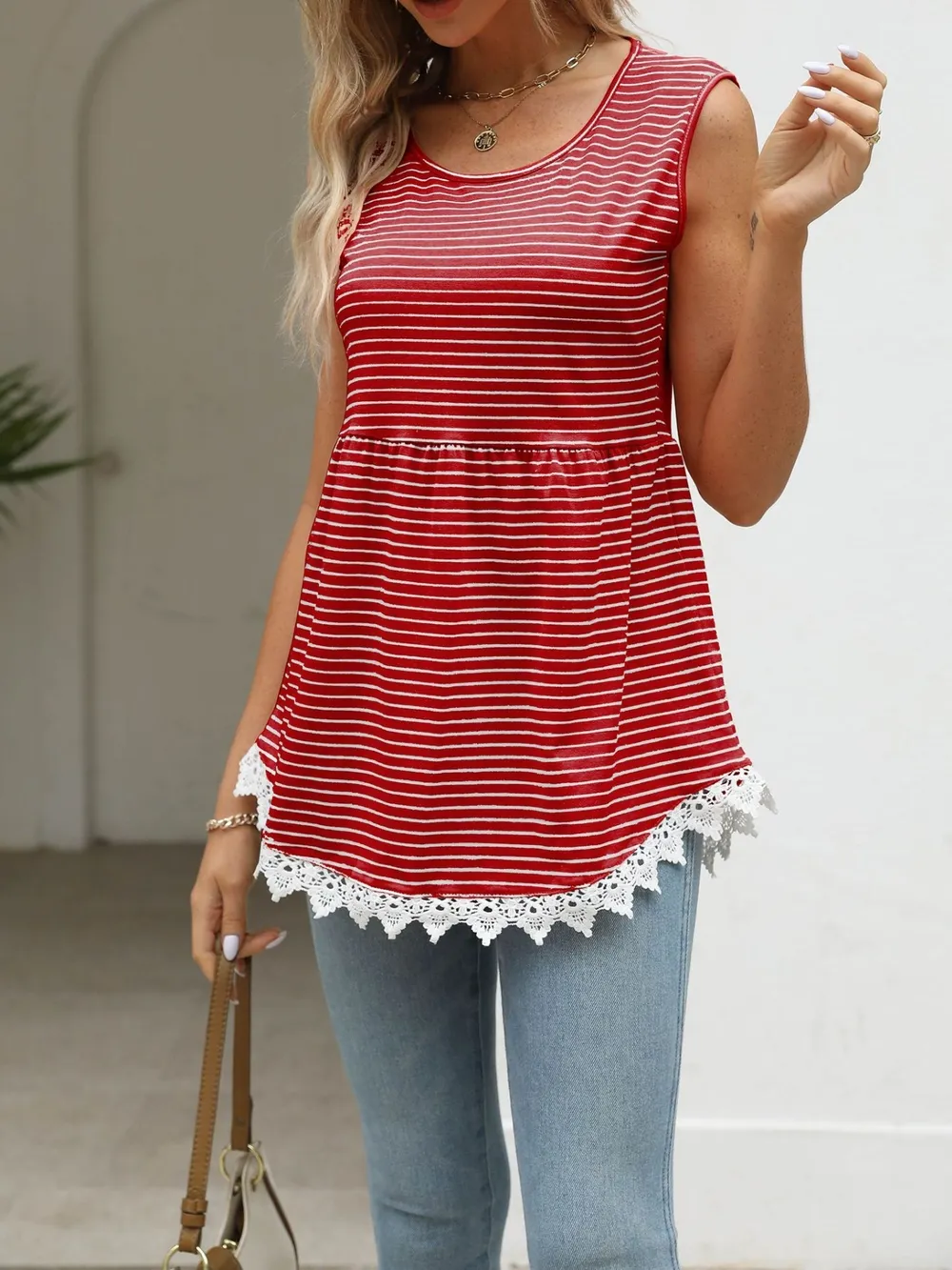Lace Trim Sleeveless Babydoll Tank Top, image 5