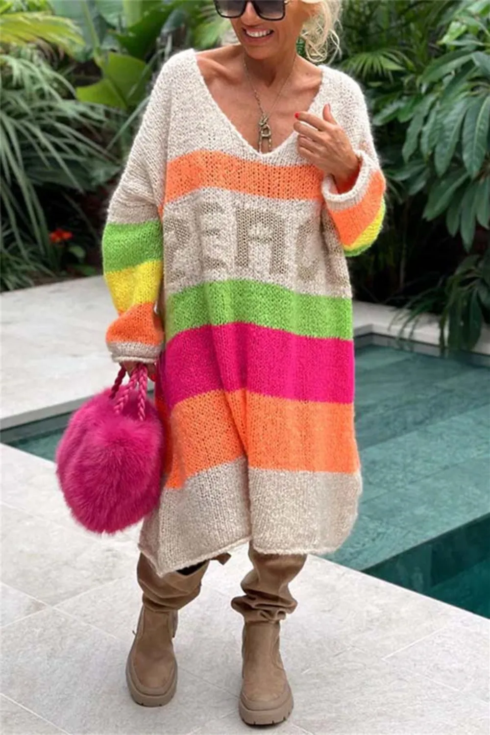Color Block V-Neck Long Sleeve Sweater Dress, image 19