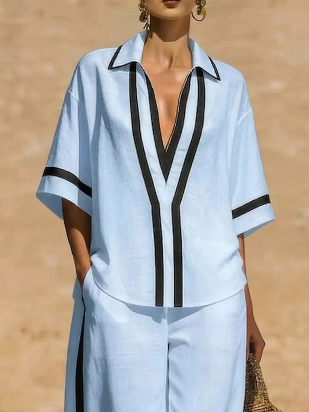 Full Size Contrast Trim Top and Pants Set Plus Size, image 2