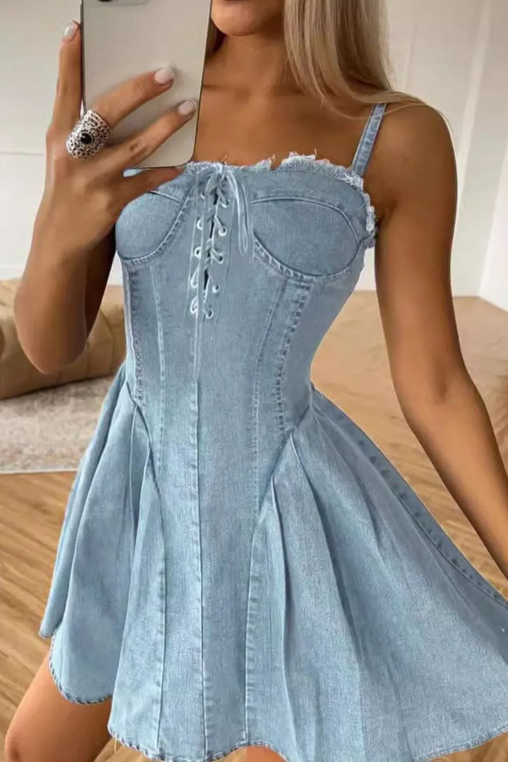 Lace Up Denim Cami Dress, image 3