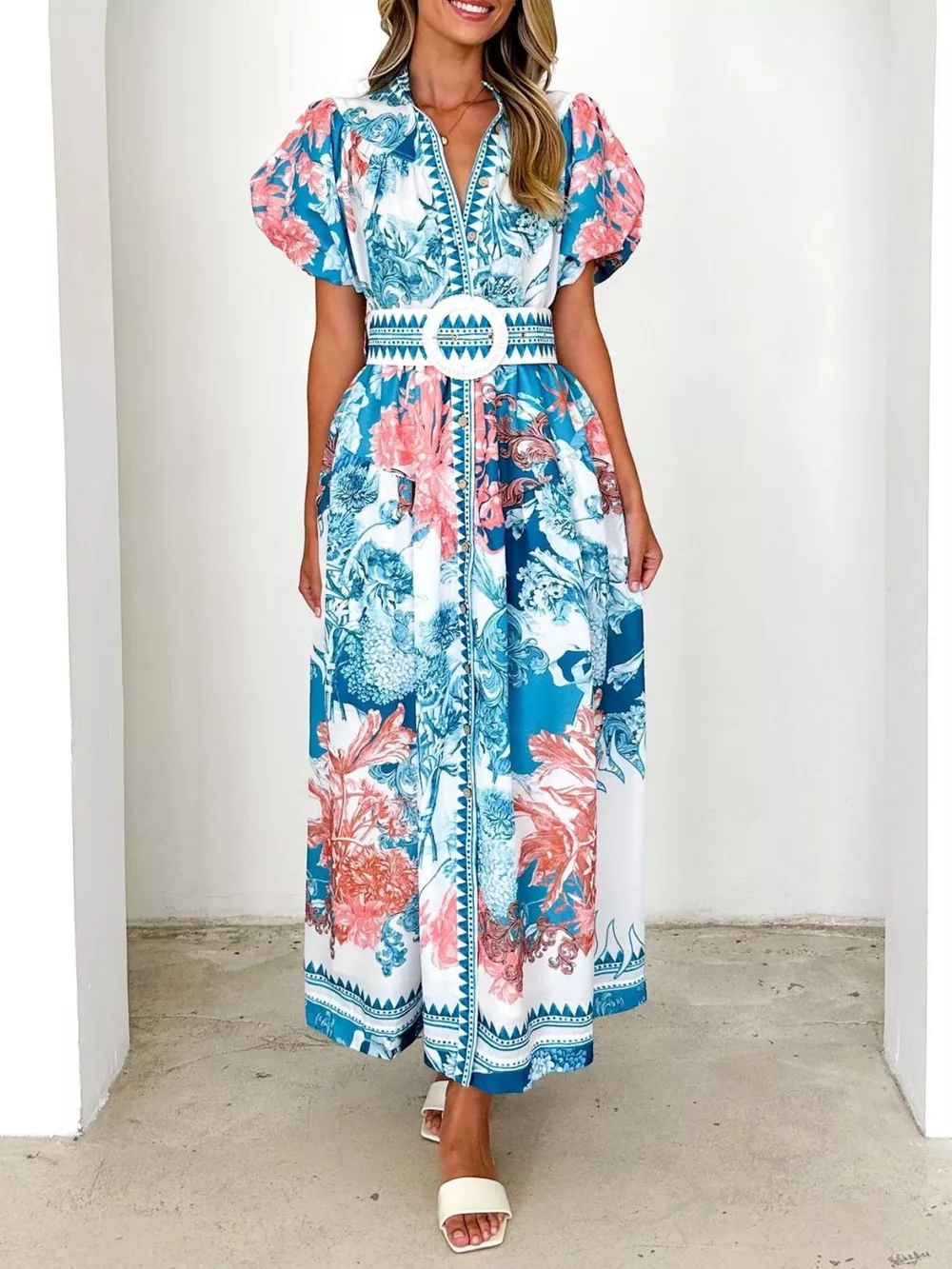 Printed Puff Sleeve Midi Dress, image 2