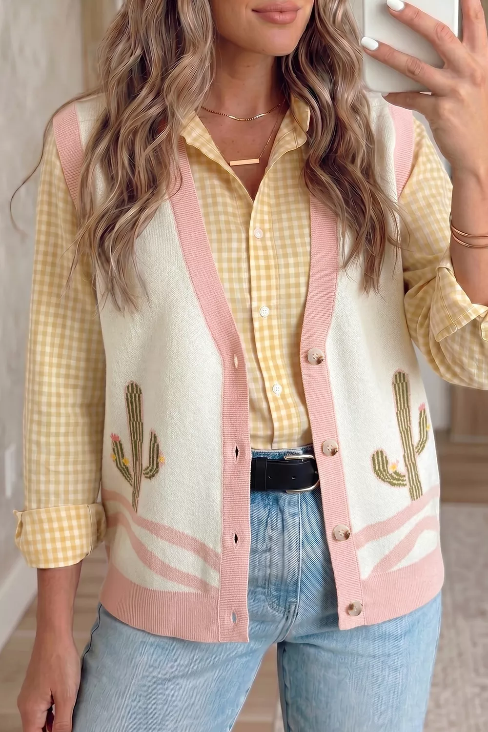 Color Block Trim Button Front Cactus Pattern Western Sweater Vest, image 2